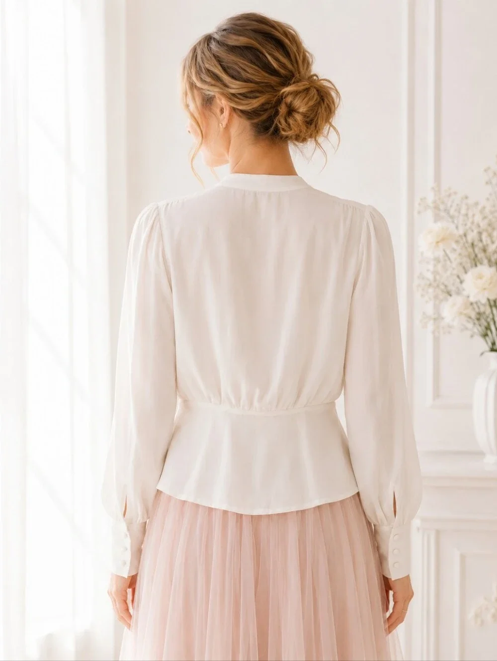 Ivory Wrap Blouse | Romantic Feminine Sheer Sleeve Top - Picture 2 of 7